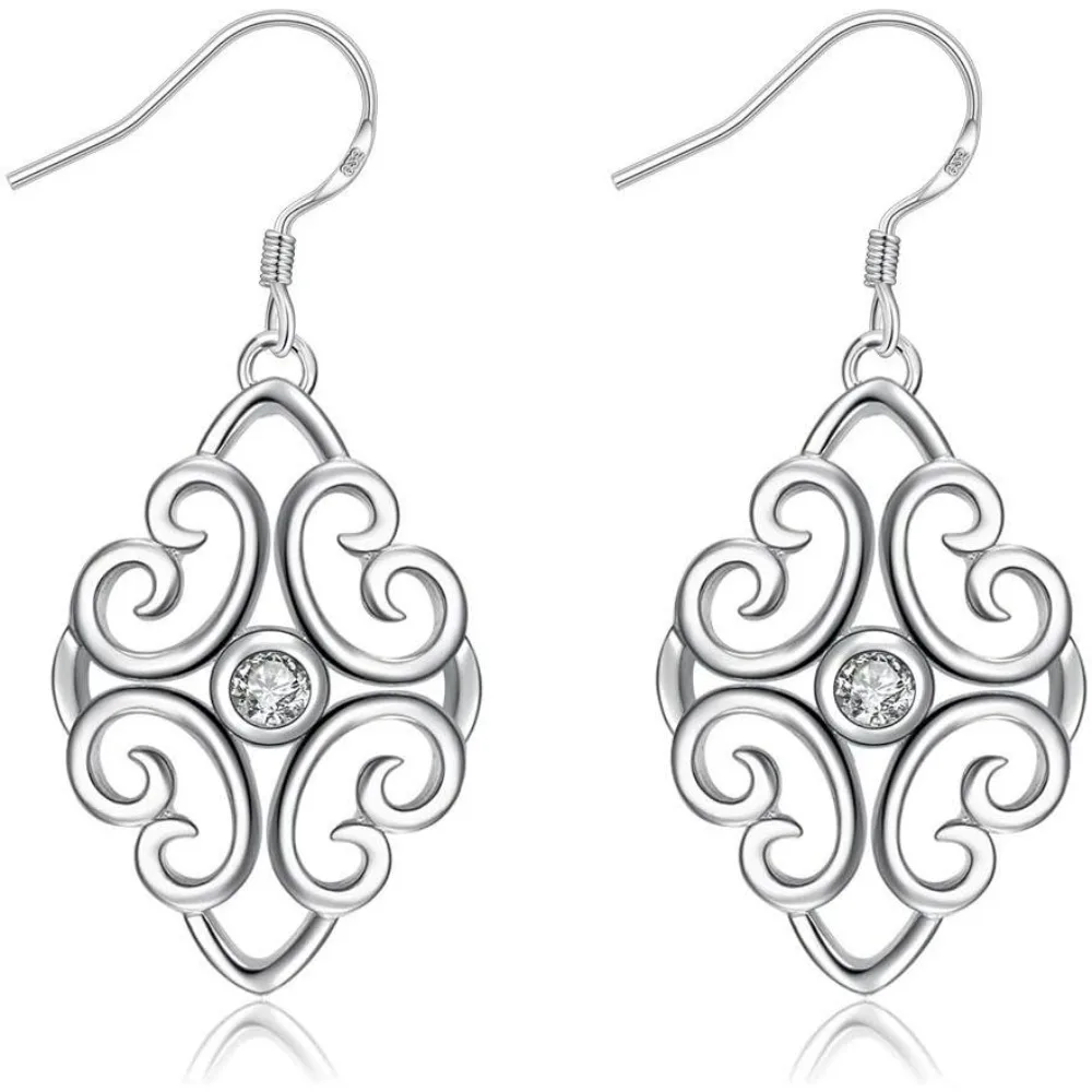 

1 Pair Filigree Rhombus Brass Cubic Zirconia Dangle Earrings Awesome Design Silver Earrings for Women Jewelry Gifts