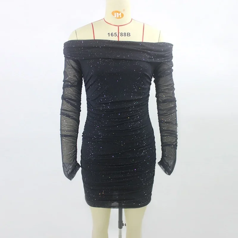 Women's Long-sleeved Sequined Party Dress with Mesh Pleated One-way Collar Off-shoulder Shiny Elegant Nightclub Mini Dress