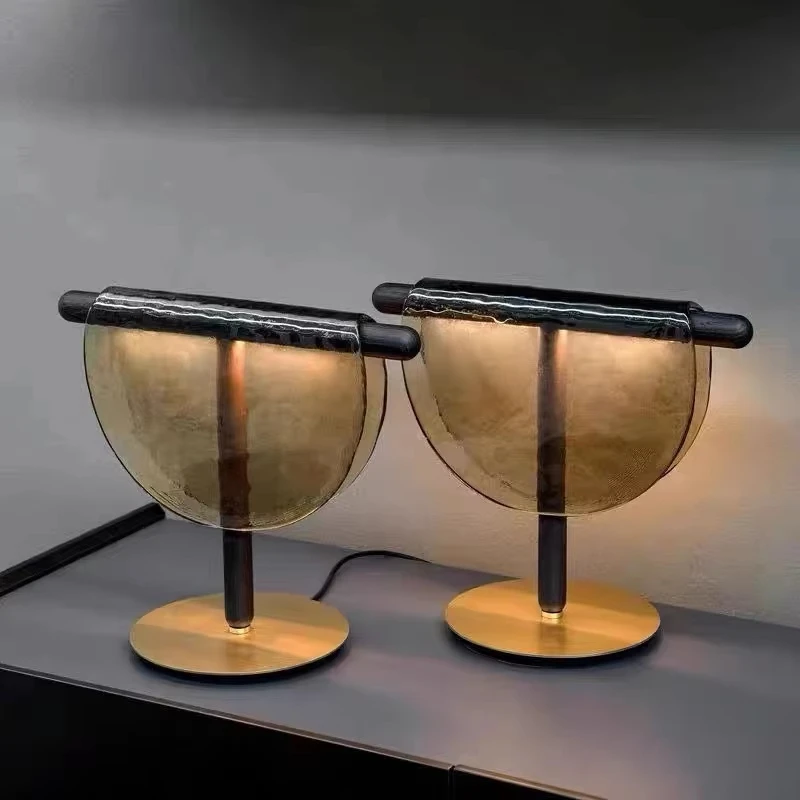 Modern Designer Half Moon Textured Glass Table Lamp LED Bedside Desk Light Luxury Metal Decorative Lamp for Bedroom Living Room