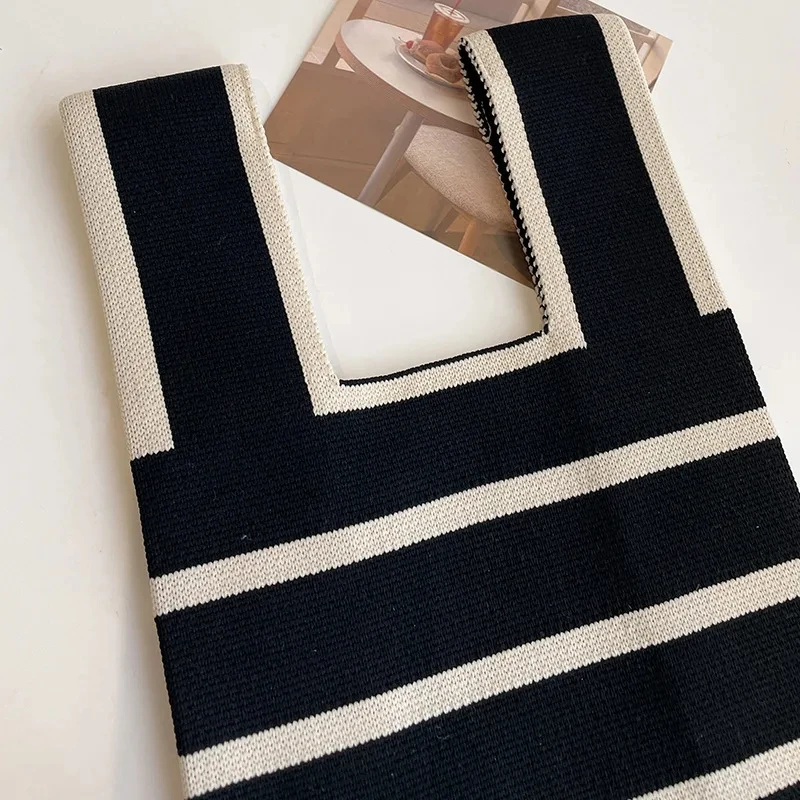 Handmade Knit Handbag Women Mini Knot Wrist-bag Female Casual Color Wide Stripe Plaid Tote Bag Student Reusable Shopping Bag