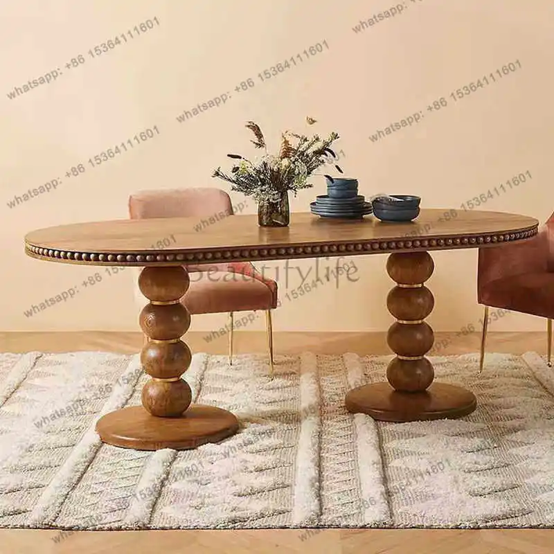 American retro solid wood oval dining table European medium and ancient Roman column round table coffee table