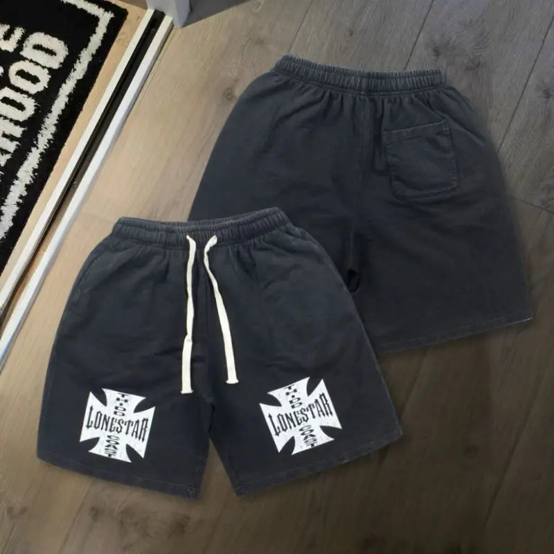 Summer Hiphop Street West Coast Choppers Shorts Letter Graffiti Cross Print Black Loose Drawstring Five Quarter Pants Men Women