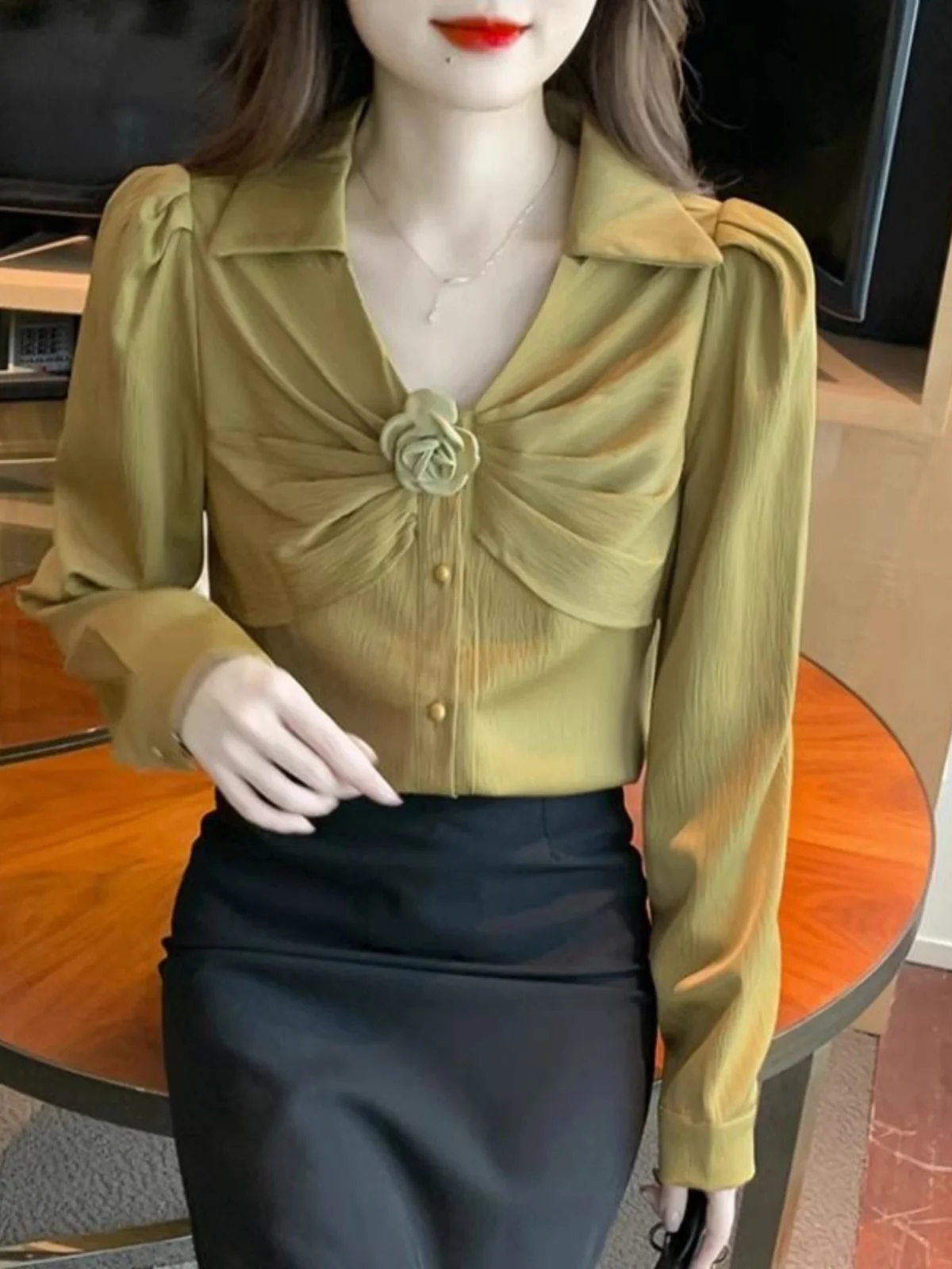 

Ele V-Ne Long Sve Chiffon irt 3D Floral Design Women's Faionable Top Spring 2024 Dr Polyester Casual irt