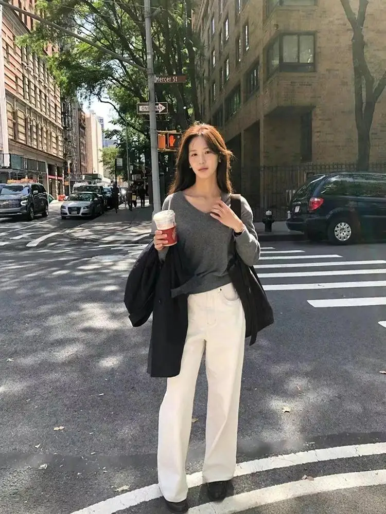 Casual Woolen Women's Pullover V-Ne Top Winter New Sle Commute Sle Long Sve Regular Length  Color Faion