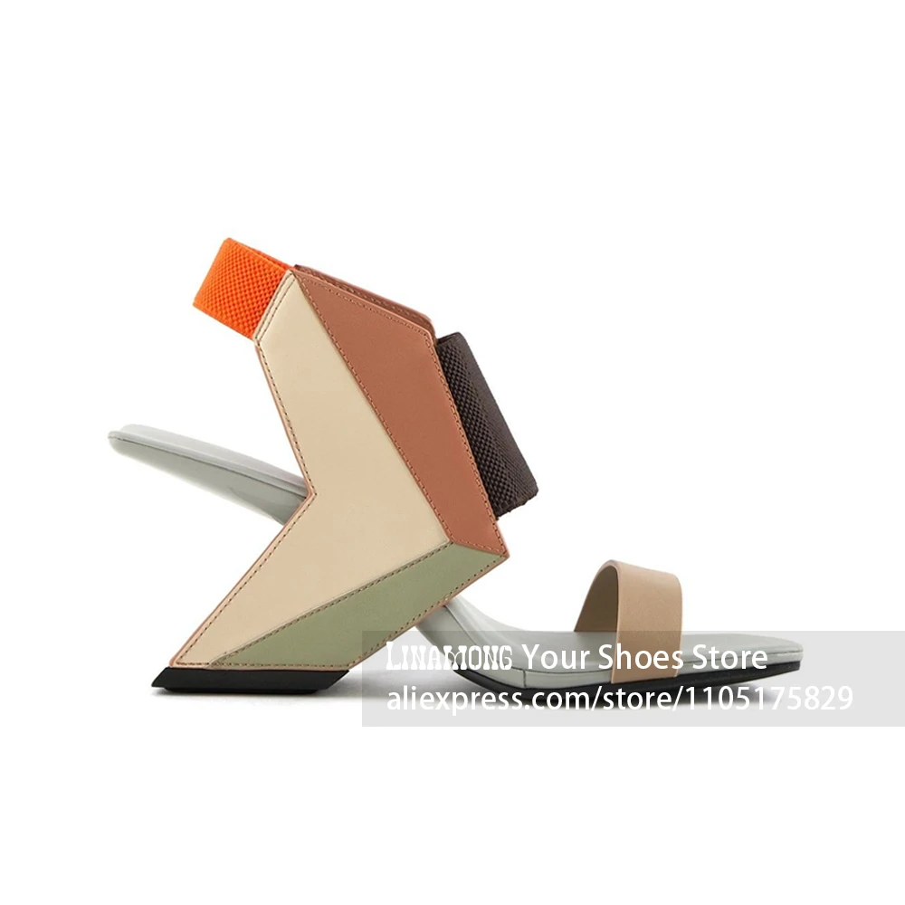 Geometric Block Asymmetrical Heel Sandals Elastic Ankle Strap Square Open Toe High Heels Designer Summer Shoes Fashion Footwear image 6