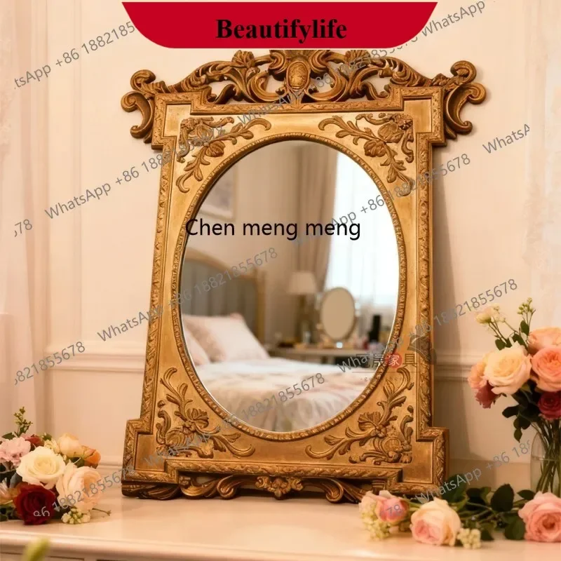 YL  French retro dresser makeup mirror wall hanging living room entrance carved decorative mirror European style