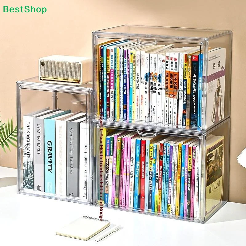 〔Q〕Transparent Acrylic Desktop Display Cabinet - Dustproof Large Capacity Bookshelf, CD Album Book Magazine Sorting Storage Box