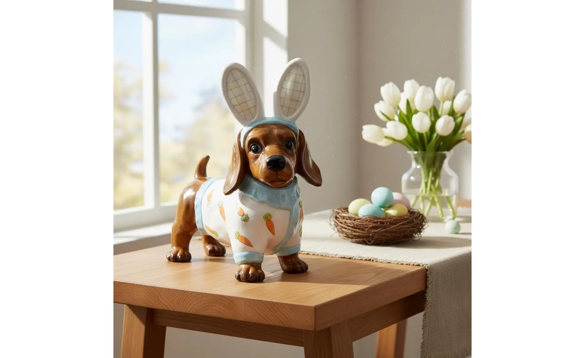 Dachshund Hare Statue Holiday Themed Dog in Hare Costume Statue Resin Wiener Dog Sculpture Lasting Color House Decoration