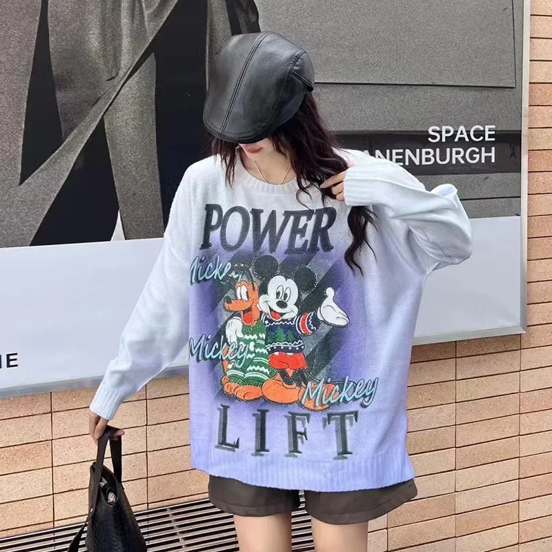 Crew Neck Sweater Women's Spring and Autumn 2024 Cartoon Printing Heavy Industry Hot Diamond Mid Length Pullover Knitted Top