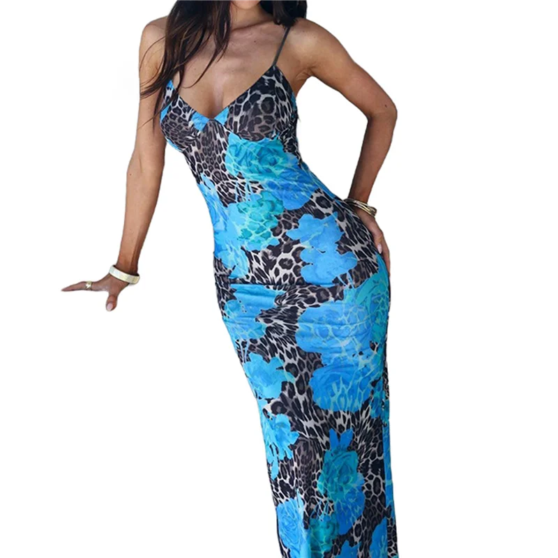 【SEE】Womens Summer Floral Spaghetti Straps Maxi Dress 2025 Sleeveless Square Neck Bodycon Beach Boho Long Dresses