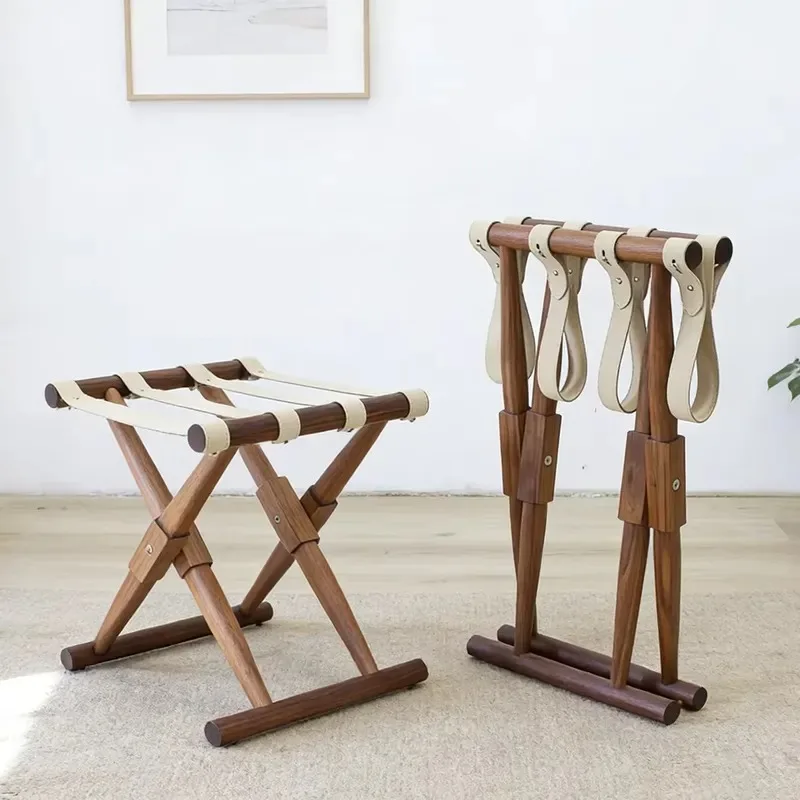 Retro Solid Wood Vertical Folding Luggage Rack with Leather Woven Seat Sustainable Customizable Baggage Stand for Hotel Home
