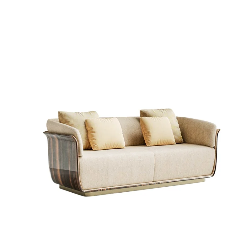 

Italian light luxury living room three-person combination sofa, black sandalwood veneer villa imported linen sofa