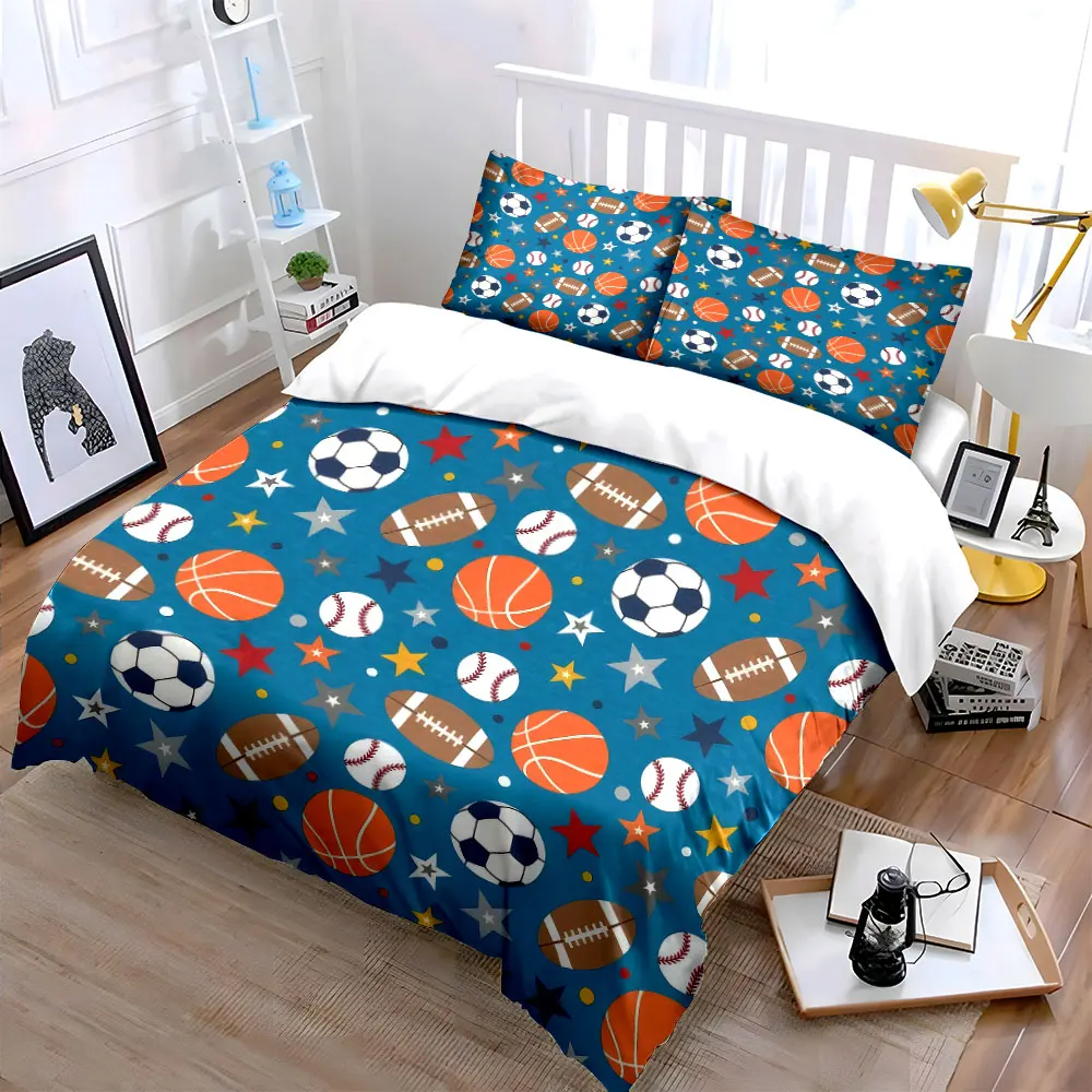 Blue Background Multi-Sport Balls Pattern 3PCS Bedding Set Soft Microfiber Bedding Set for Kids Sports Room Decor