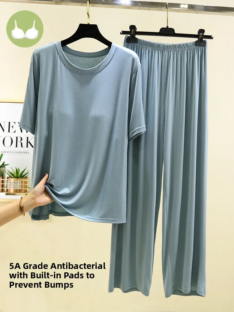 Modal Loose Short Sleeve Sleepwear Set Women's Summer Thin Home Clothes Two-Piece Set with Chest Pad Can Be Worn outside 3