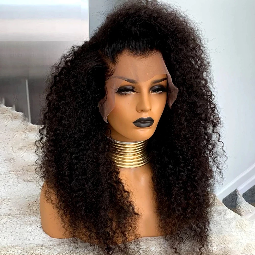 

Soft 26“ Long Natural Black Kinky Curly 180%Density Lace Front Wig For Women Baby Hair Heat Resistant Preplucked Glueless Daily