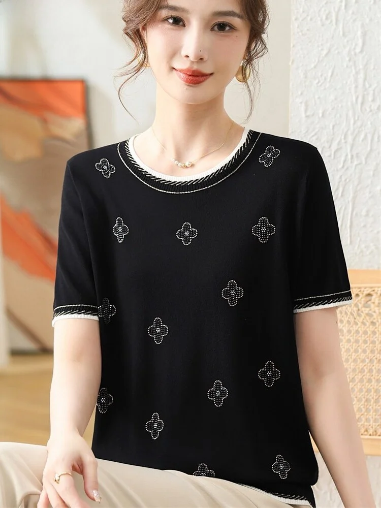 

Модная летняя женская футболка из ледяного шелка с коротким рукавом, свободного кроя, тонкая, с круглым вырезом, однотонная, с декоративными элементами