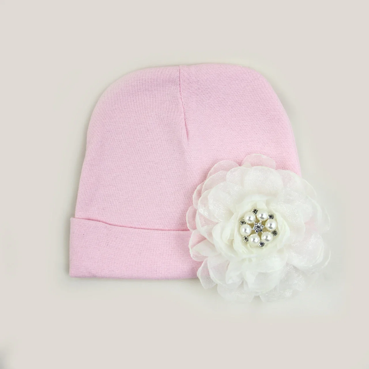 0-6 miesięcy Newborn Cotton Bonnet with Chiffon Flower Diamond Baby Girls Hospital New Born Hat Pink White Beanie Cute Hat for Baby