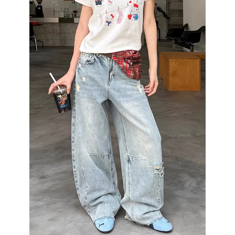 

ZHIZOU Summer High Waist Ripped Women's Blue Jeans American Vintage Streetwear Y2K Wide Leg Jean 2000s Trouser Baggy Denim Pants
