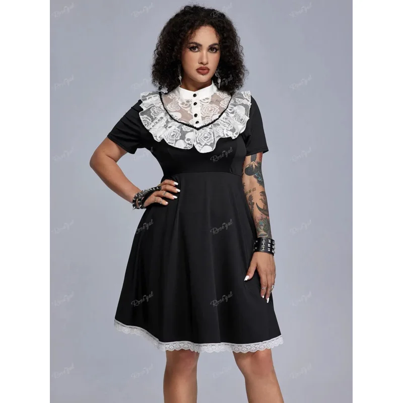 ROSEGAL Plus Size Gothic Contrast Lace Panel Retro Fit And Flare Dress Women Vintage Streetwear Cosplay Dresses Vestidos 5XL PA7