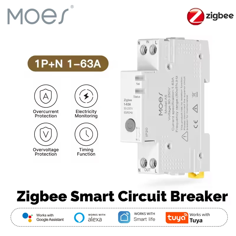 

Умный автоматический выключатель MOES Tuya Zigbee 63A, набор порогов сигнализации, монитор электроэнергии, огнестойкий ретардант V0 для Alexa Google Home
