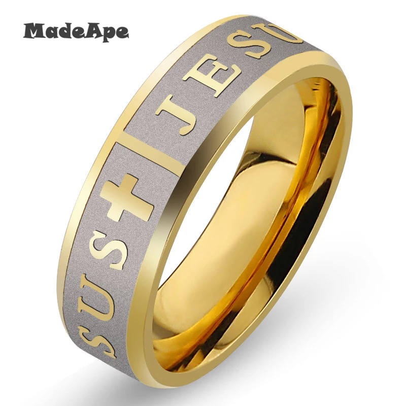 MadApe Classic Jesus Ring Stainless Steel Cross Ring Gold Color Women Wedding Rings For Womne Men Prayer Ring