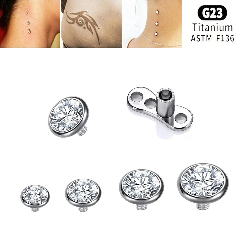 1 Pc G23 Titanium Steel Skin Diver Dermal Anchor Tops Base Clear Zirconia Surface Piercing 3/4/5/6mm