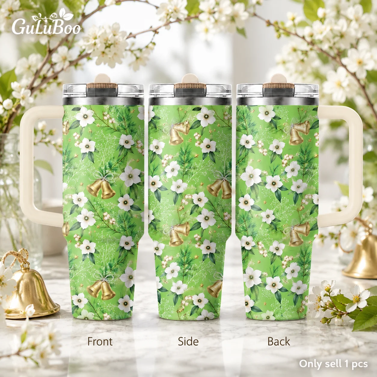Christmas Bell Floral Vacuum Flasks 40oz 3rd Gen Vacuum Insulated Stainless Steel Tumbler Cup With Handle Straw Lid For Gifts