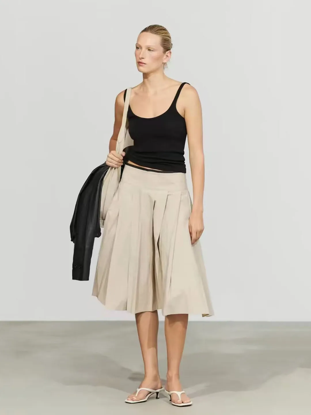 New Arrival Cotton Midi Skirt High Split Pleated Mid-Calf Spring Autumn Seasonal Women's Fashion Anti-Wrinkle Standard Fit