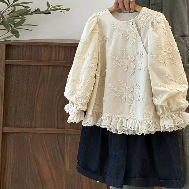 Embroidered Spring Autumn New Girl Baby Forest Series Embroidered Round Neck Slant Hemp Sweet Long Sleeve Coat