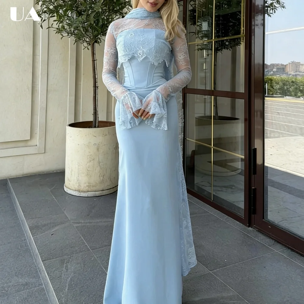 

ULBYANRY Customized Mermaid Lace Turtleneck Prom Dress for Woman, Elegant Flare Sleeve Evening Dress, Trendy Draped Party Dress