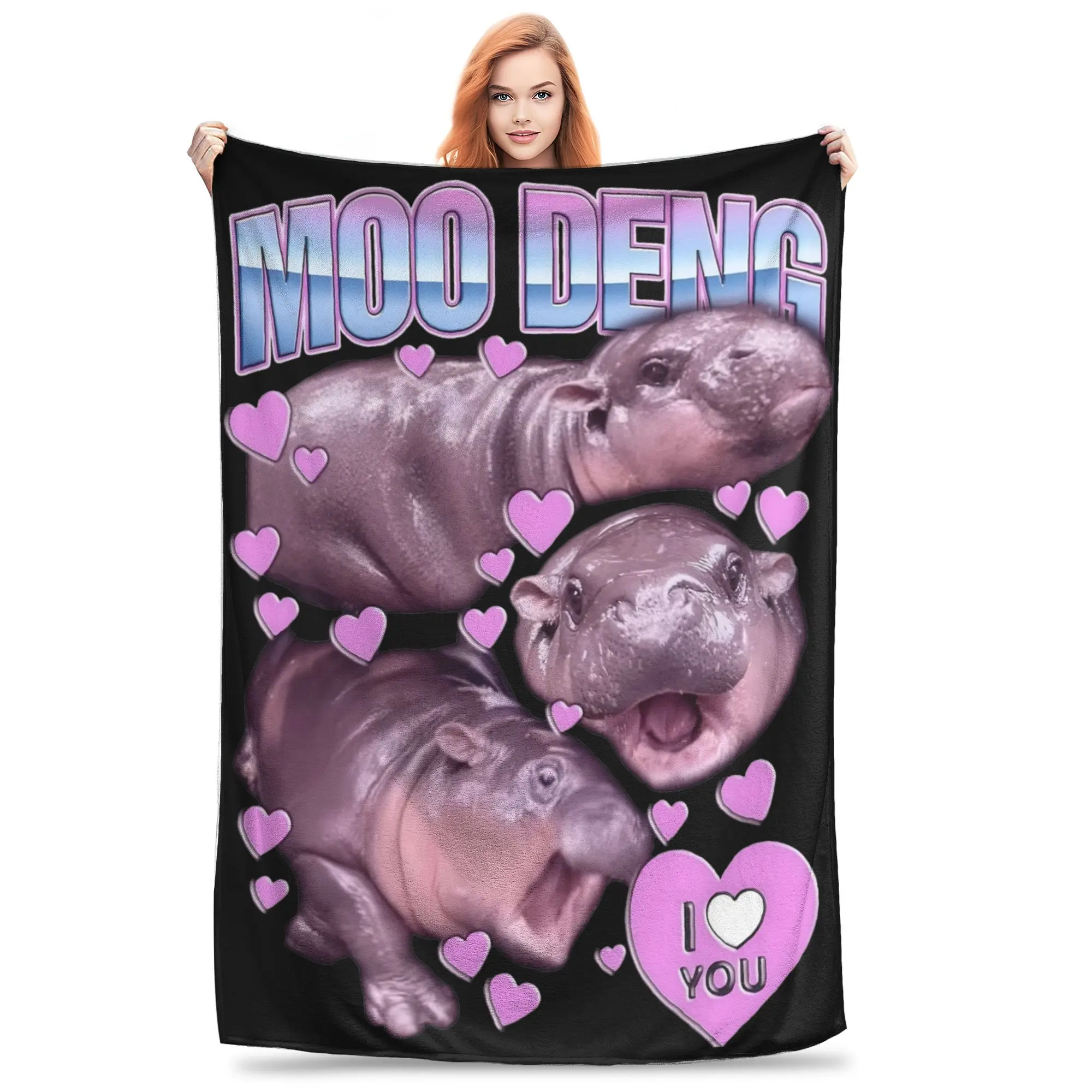 Moo Deng I Love You Bouncy Pig The Cute Baby Hippo Blanket Ultra Soft  Throw Blankets for Bed 50x60 Inch Multi-size Rug Piece