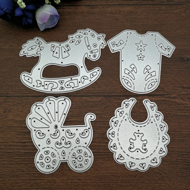 Troqueles de corte de caballo mecedora de carro de traje de bebé, plantillas de bricolaje, tarjeta de álbum de recortes, artesanía de papel, decoración de Metal, carpeta de repujado, 4 piezas