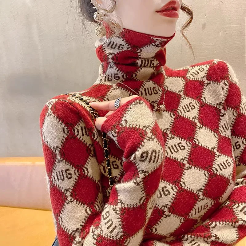 Red High Collar Slim Fit Knit Sweater Base Layer irt for Women Faionable Inner Wear Commute Sle Winter 2023 New Arrival