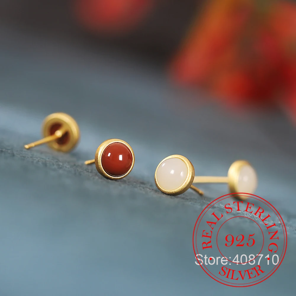 

925 Sterling Silver Jewelry 18K Gold Plated Simple Agate Stud Earrings for Women Wedding Party Jewelry for Girls Friend Gift