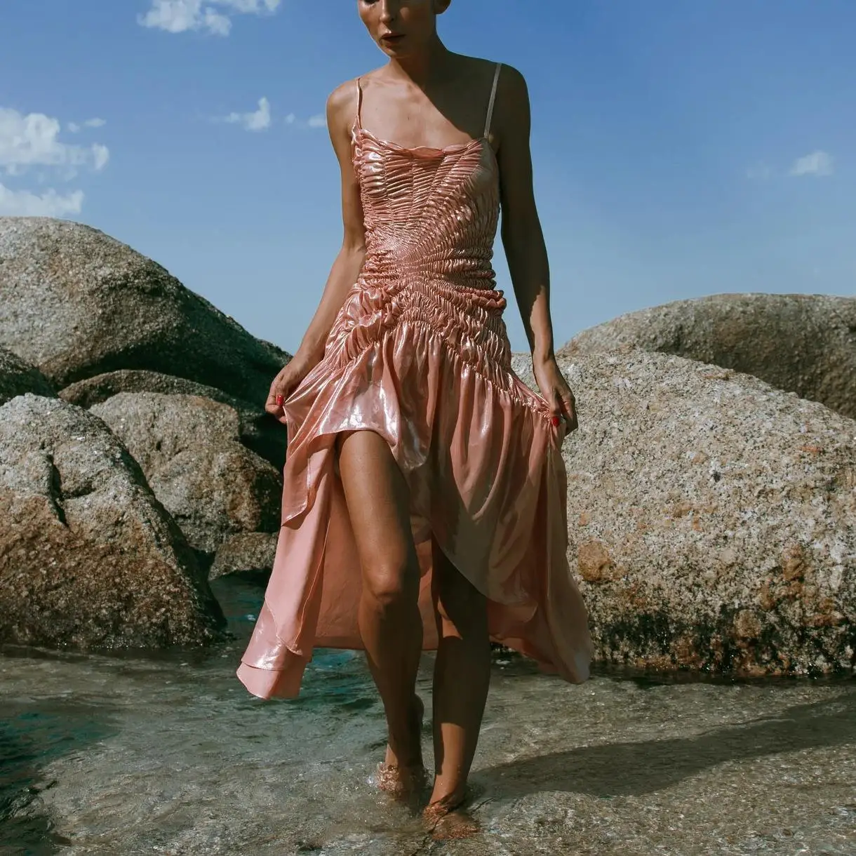 

Sexy Women's New Strapl Svel Pleated Asymmetrical Hem Dr A-Line Narrow Strap Vest Inner Wear Ultra-ort Length