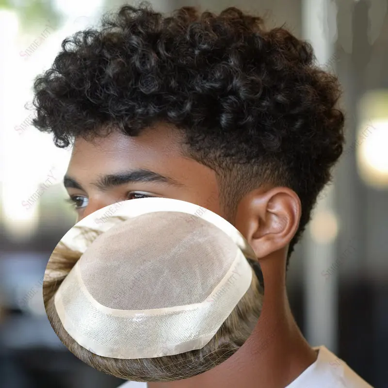

18mm Curly Natural Hairline Men Toupee Real Human Hair Durable Mono&PU Base Male Hair Breathable Capillary Prosthesis System