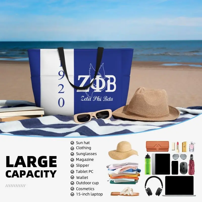 Zeta Phi Beta Large Waterproof Beach Bag Women Sandproof Pool Tote Bags with Zipper and Pockets for Gym Swim Travel Vacation