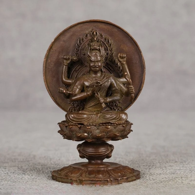 Retro Aizen Myo-o Statue Six-armed Ragaraja Buddha Figurine Tibetan Buddhist Lotus Seat Sculpture Altar Worship Decor