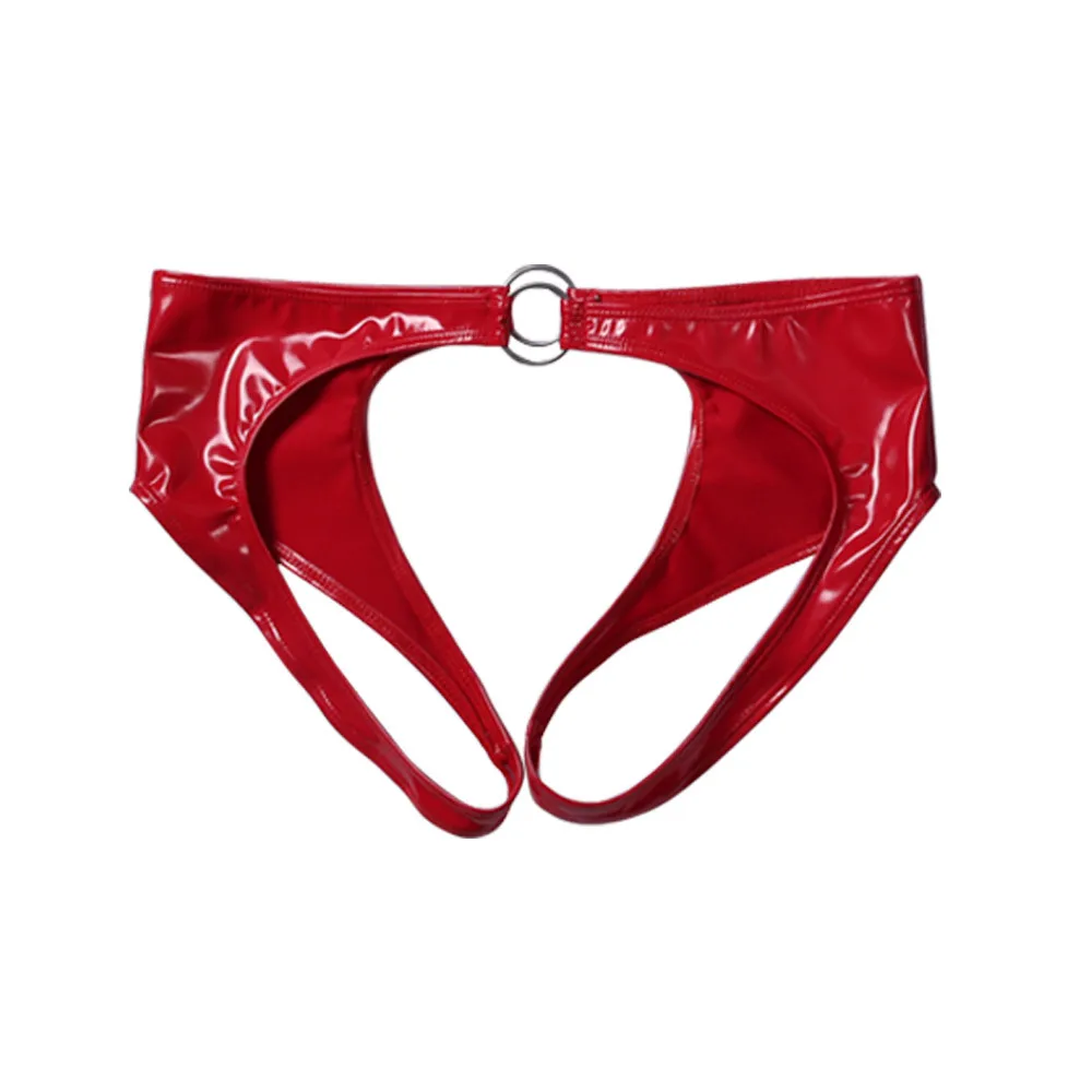 بولي كلوريد الفينيل فو الجلود g-سلسلة ثونغ الملابس الداخلية T-الظهر Crotchless سراويل لامعة حلقة سحب السروال الجبهة الخلفية مفتوحة المنشعب متعة الملاكمين #4