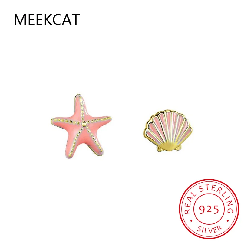 Real 925 Sterling Silver Shell Starfish Asymmetry Stud Earrings For Women Cute Fine Jewelry Sea Decoration Summer