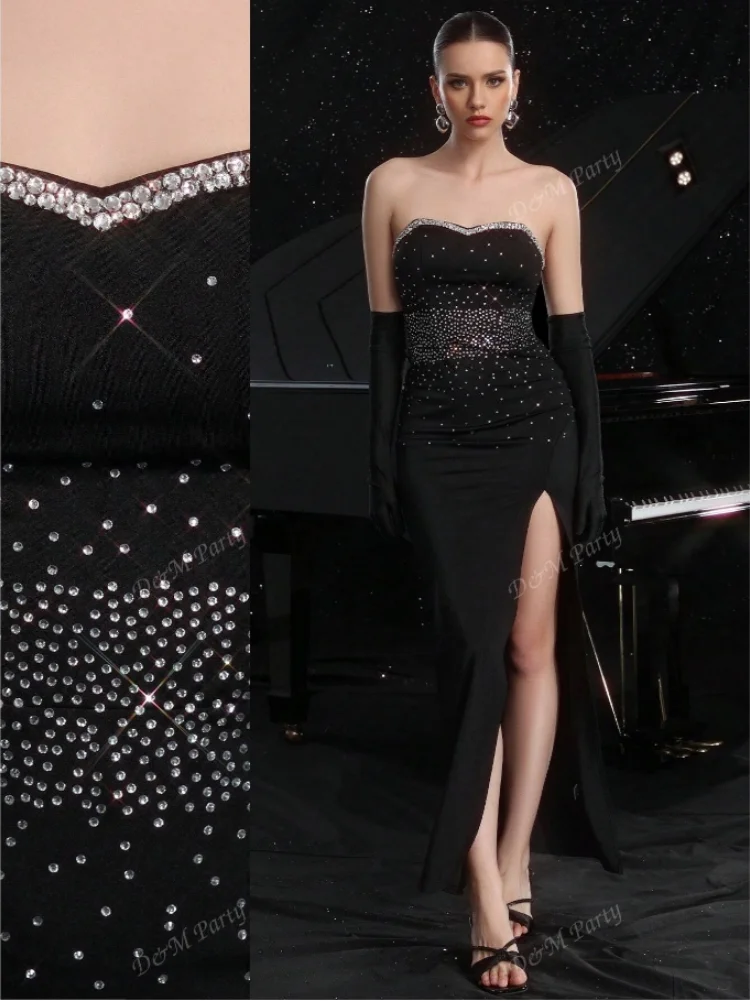 

D&M Women High Quality Rhinestone Sequin Sleeve Slit Long Event Party Evening Dress
