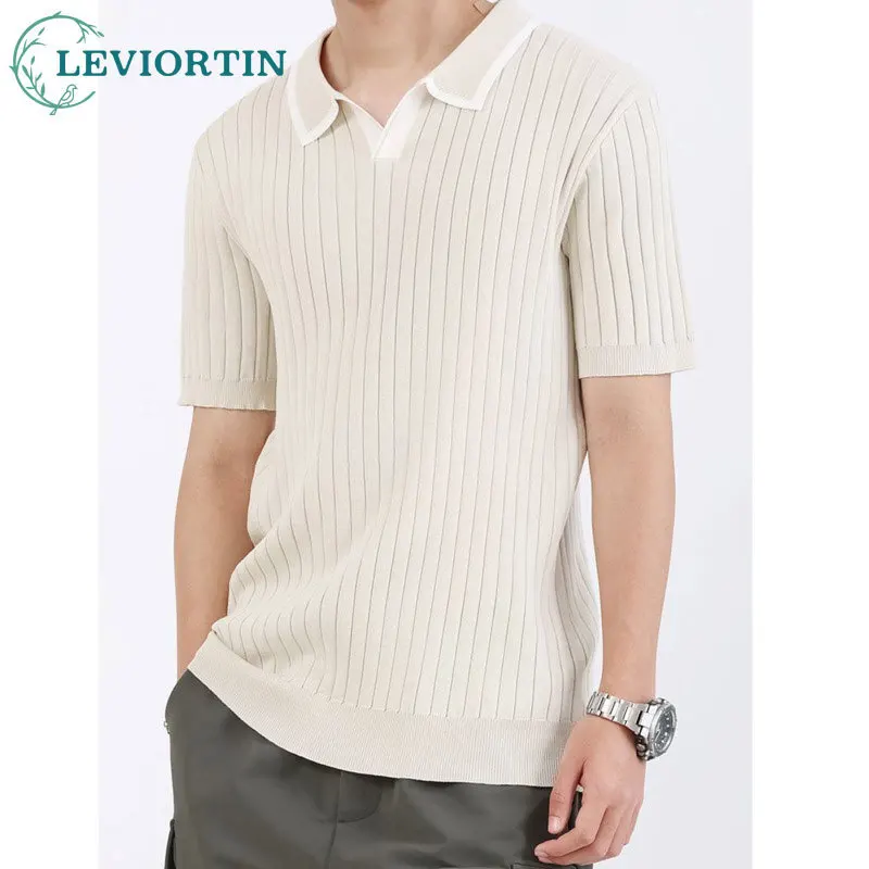 2025 الرجال الصيف موضة تنوعا الراقية قميص بولو الحرير الجليد عادية مخطط الخامس الرقبة الأعمال متماسكة قصيرة الأكمام تي شيرت #1