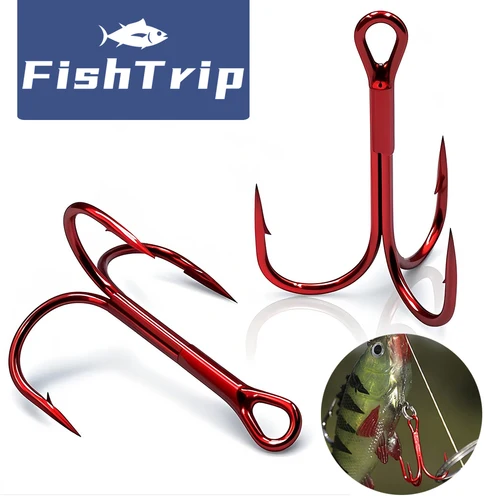 FishTrip-anzuelo triple rojo, 25-100 Uds., anzuelo triple con púas afiladas y curvatura redonda, anzuelos triples de acero rico en carbono para lubina, trucha, agua salada