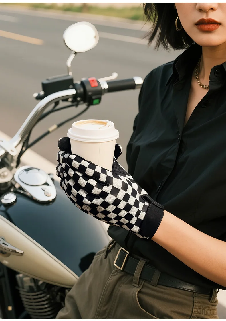 Retro Schachbrettmuster Motorradhandschuhe Touchscreen-fähig SBR Stoßdämpfer Atmungsaktiv Rutschfest Biker-Handschuhe für Männer und Frauen – Detail 10
