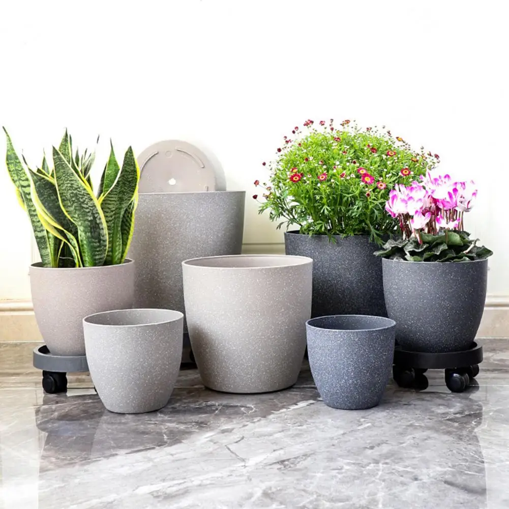 Lightweight Plastic Planters for Porch Modern Stone-look Plant Pot with Saucer Gray Flower Planter with Drainage Holes Indoor