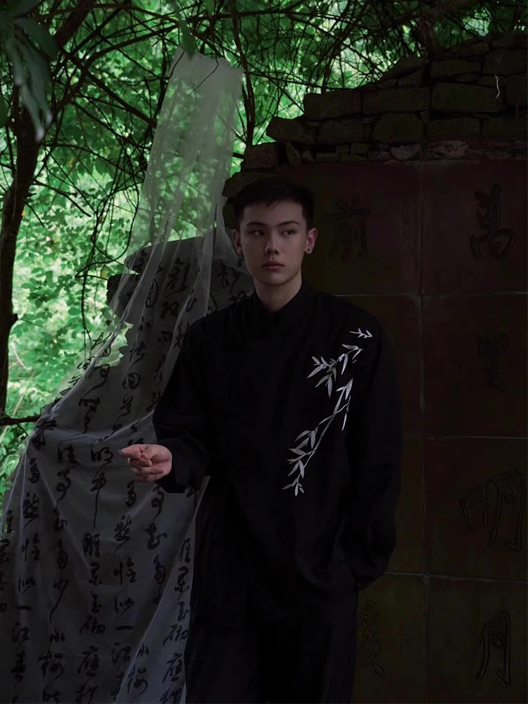 

New Chinese Sle Men's irt Bamboo Embroidery Button up Long Sve Cold Tone Stand Fit Casual Faion Autumn Top