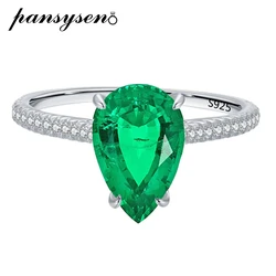 PANSYSEN 2.4 Carat Pear Cut 8*12mm Artificial Emerald 925 Silver Ring for Women Men Anniversary Party Fine Jewelry Free Shipping