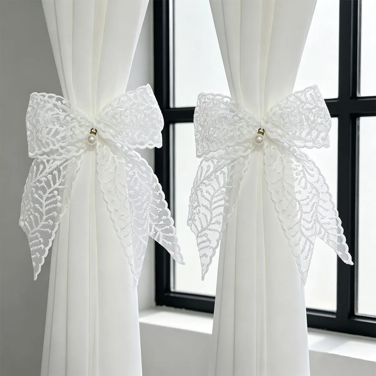 2pcs Leaf Lace Bow Curtain Tiebacks, French Cream Girl Ins Style, Pearl Pendant Punch Free Window Decor for Bedroom Wedding Ho