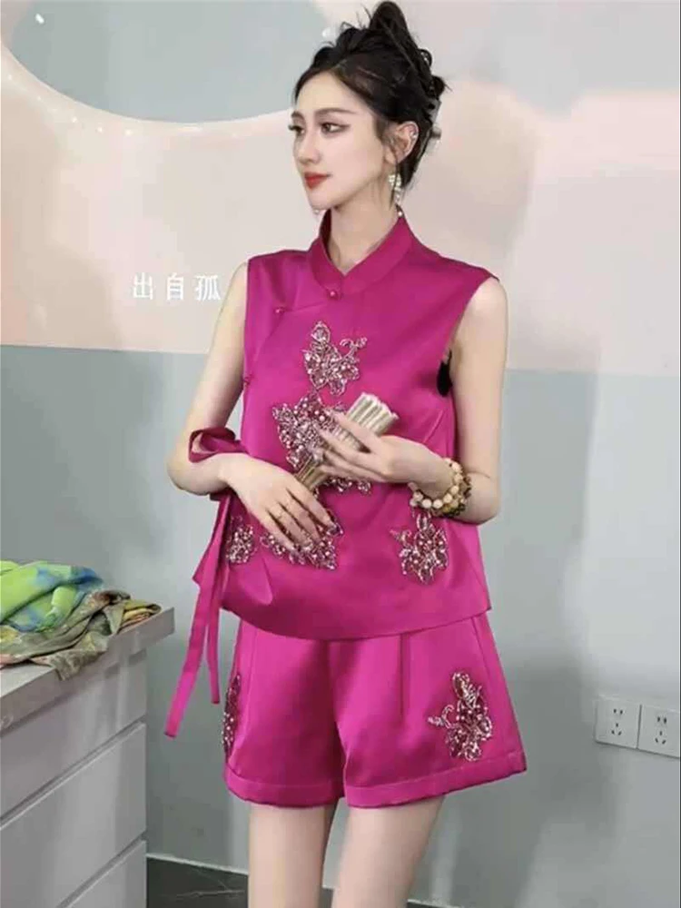 

2025 Summer New Fashion Women's New Chinese Style Heavy Industry Nail Bead Standing Collar Slimming Top+Shorts 2Piece Set