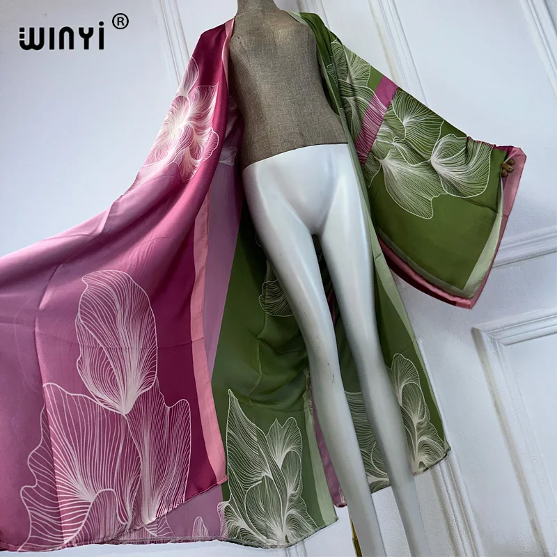 WINYI Kimono damskie letnie nadruk boho sweter z długim rękawem bluzka damska abaya stroje plażowe kobiety zakrywają boho maxi sukienkę